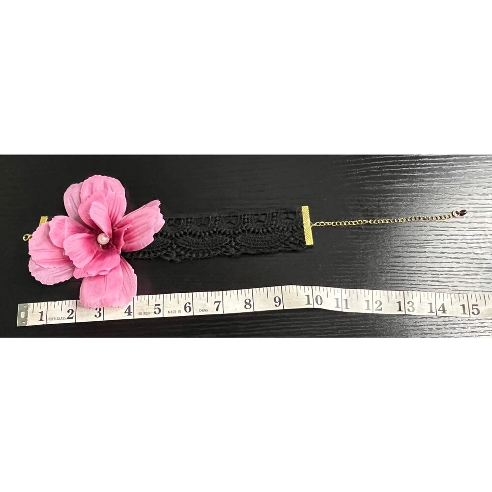 Handmade Avant Garde Coquette Black Vintage Lace Choker with Pink Flower - Picture 5 of 5